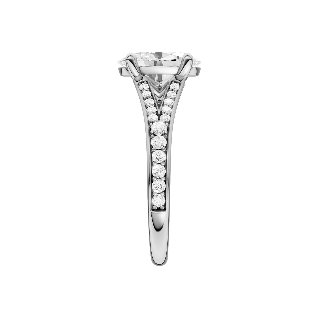 A side view of the Oval cut diamond engagement ring in platinum with a diamond channel band and split setting