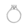 A profile view of the Oval cut diamond engagement ring in platinum with a diamond channel band and split setting