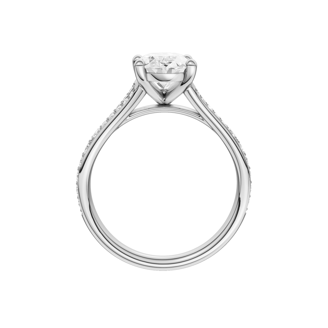 A profile view of the Oval cut diamond engagement ring in platinum with a diamond channel band and split setting