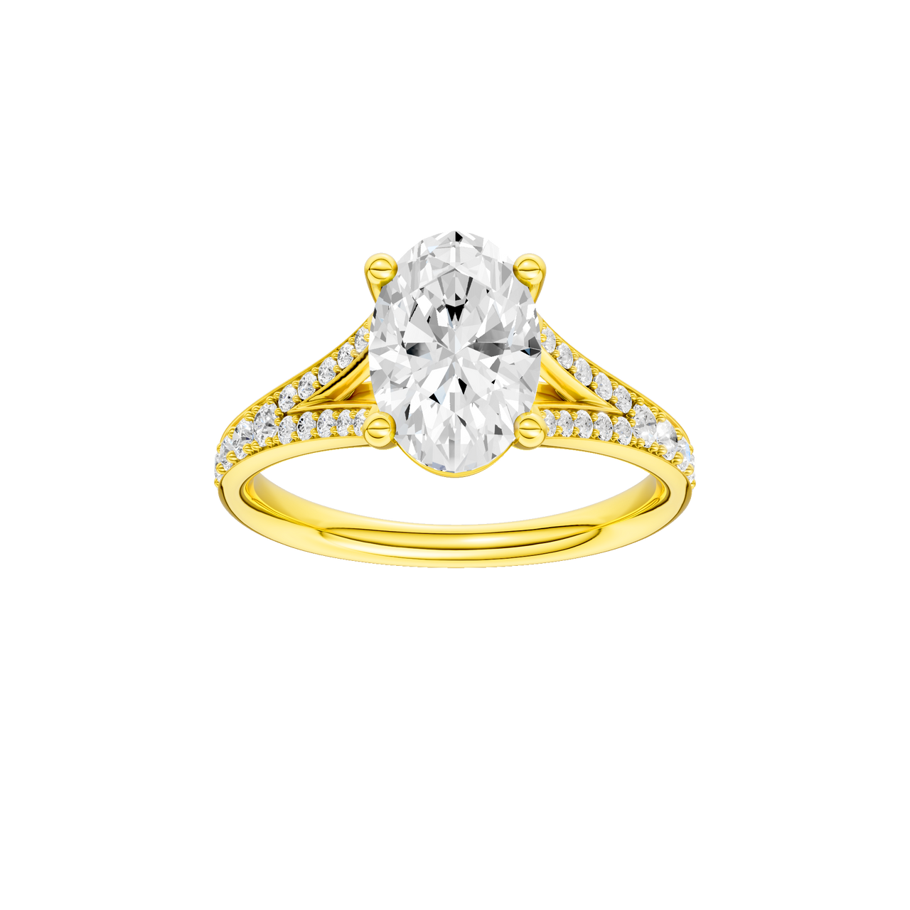 A front view of the Oval cut diamond engagement ring in 14k yellow gold with a diamond channel band and split setting