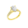 A three-quarter view of the Oval cut diamond engagement ring in 14k yellow gold with a diamond channel band and split setting