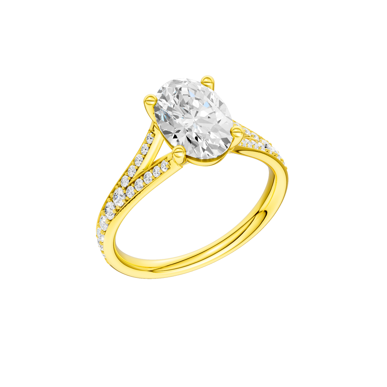 A three-quarter view of the Oval cut diamond engagement ring in 14k yellow gold with a diamond channel band and split setting
