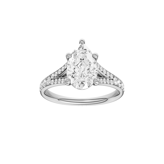 A front view of the Pear cut diamond engagement ring in 14k white gold with a diamond channel band and split setting