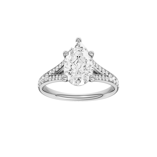 A front view of the Pear cut diamond engagement ring in platinum with a diamond channel band and split setting