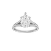 A front view of the Pear cut diamond engagement ring in platinum with a diamond channel band and split setting