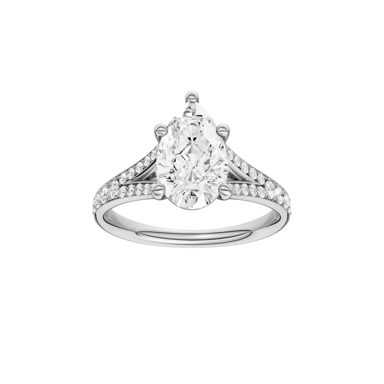 A front view of the Pear cut diamond engagement ring in platinum with a diamond channel band and split setting