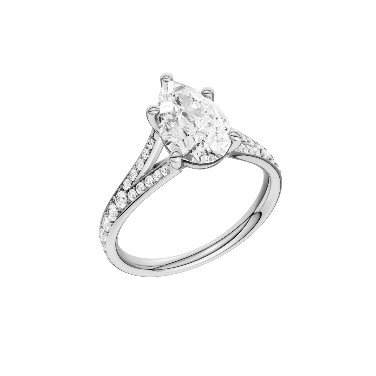 A three-quarter view of the Pear cut diamond engagement ring in 14k white gold with a diamond channel band and split setting