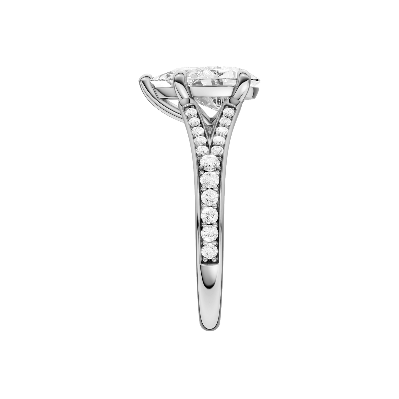 A side view of the Pear cut diamond engagement ring in platinum with a diamond channel band and split setting