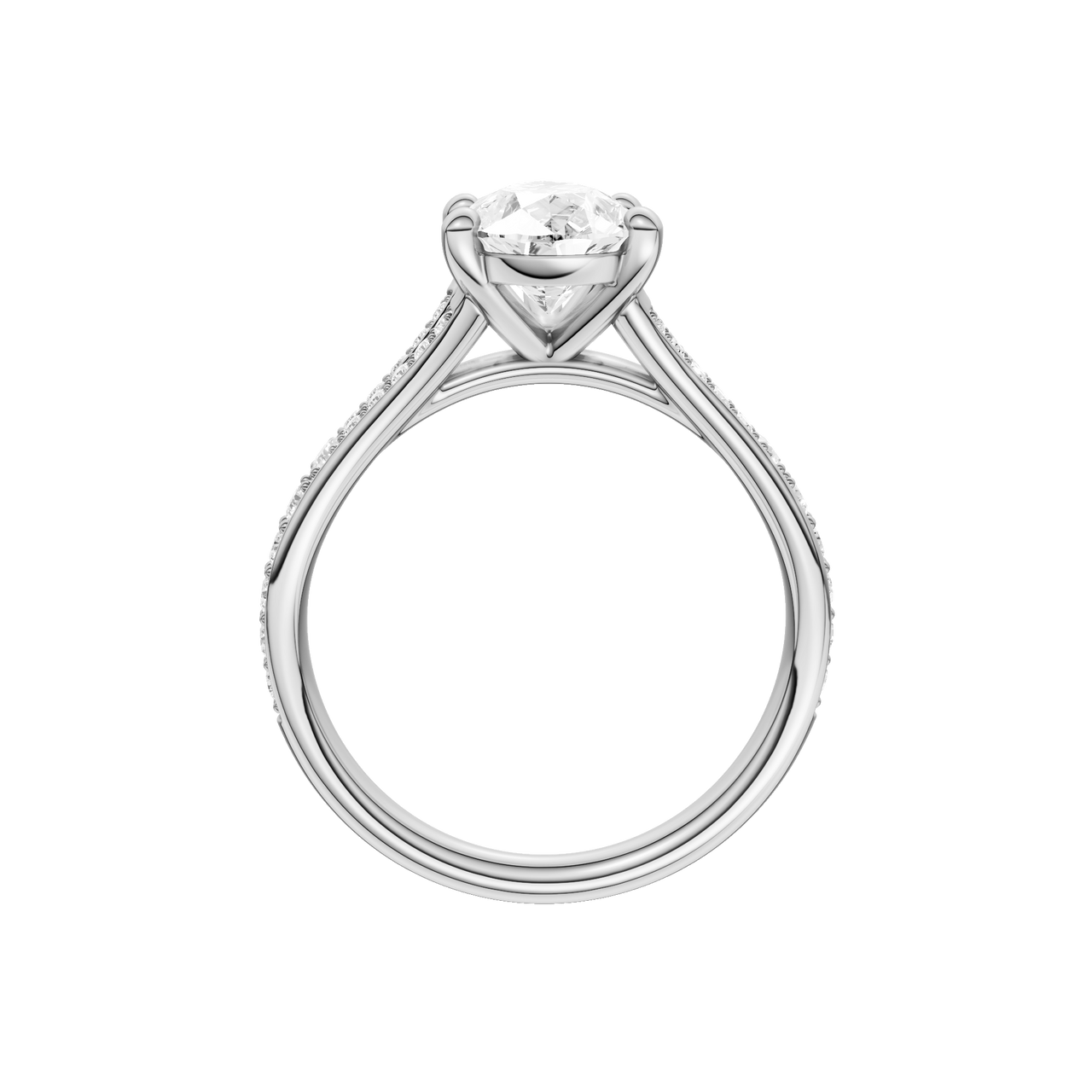 A profile view of the Pear cut diamond engagement ring in 14k white gold with a diamond channel band and split setting