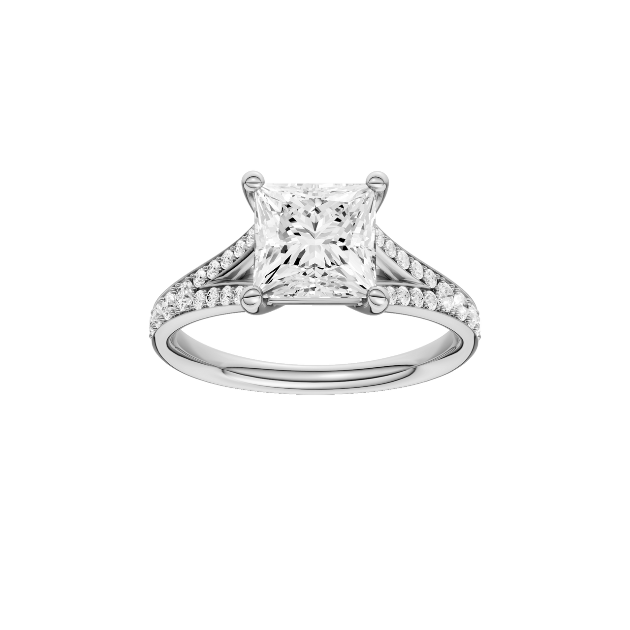 A front view of the Princess cut diamond engagement ring in platinum with a diamond channel band and split setting