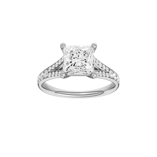 A front view of the Princess cut diamond engagement ring in 14k white gold with a diamond channel band and split setting