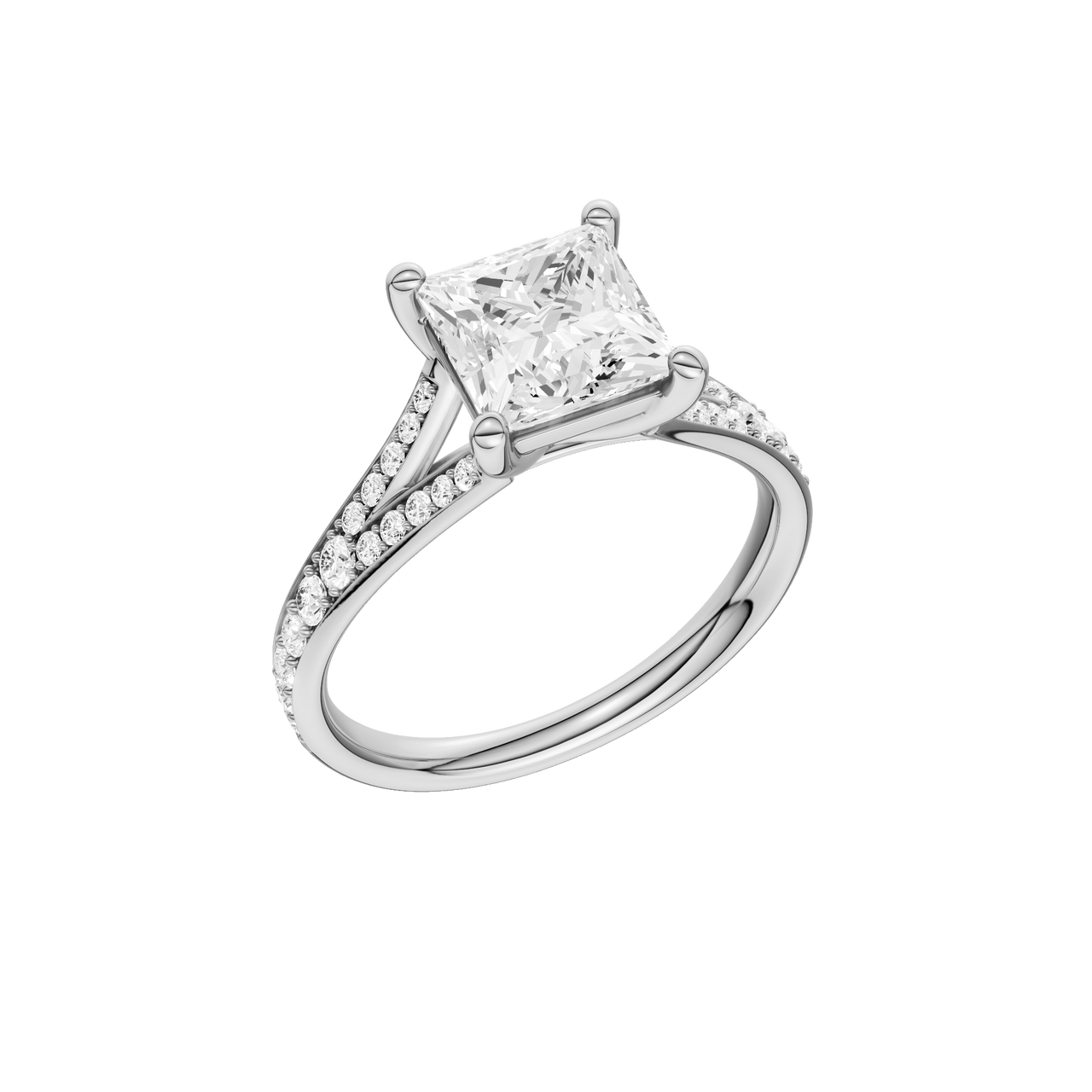 A three-quarter view of the Princess cut diamond engagement ring in 14k white gold with a diamond channel band and split setting