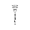 A side view of the Princess cut diamond engagement ring in 14k white gold with a diamond channel band and split setting