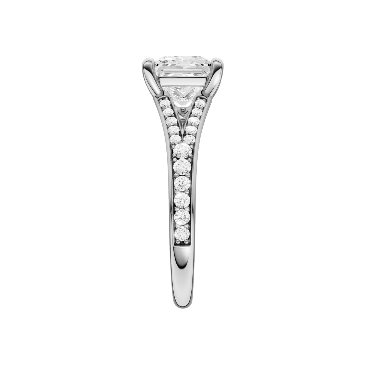 A side view of the Princess cut diamond engagement ring in 14k white gold with a diamond channel band and split setting