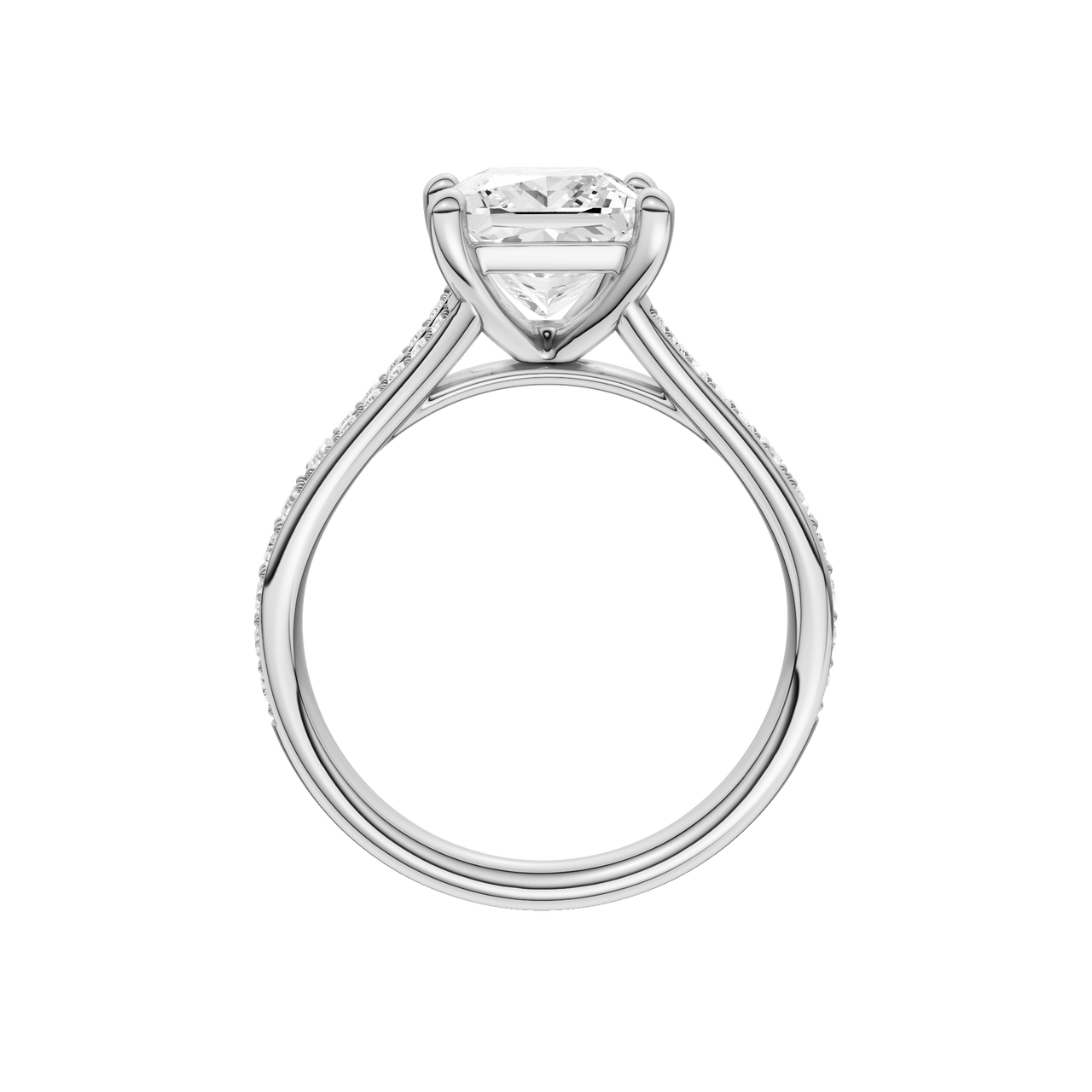A profile view of the Princess cut diamond engagement ring in 14k white gold with a diamond channel band and split setting