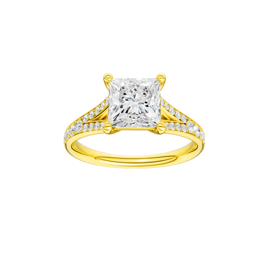 A front view of the Princess cut diamond engagement ring in 14k yellow gold with a diamond channel band and split setting