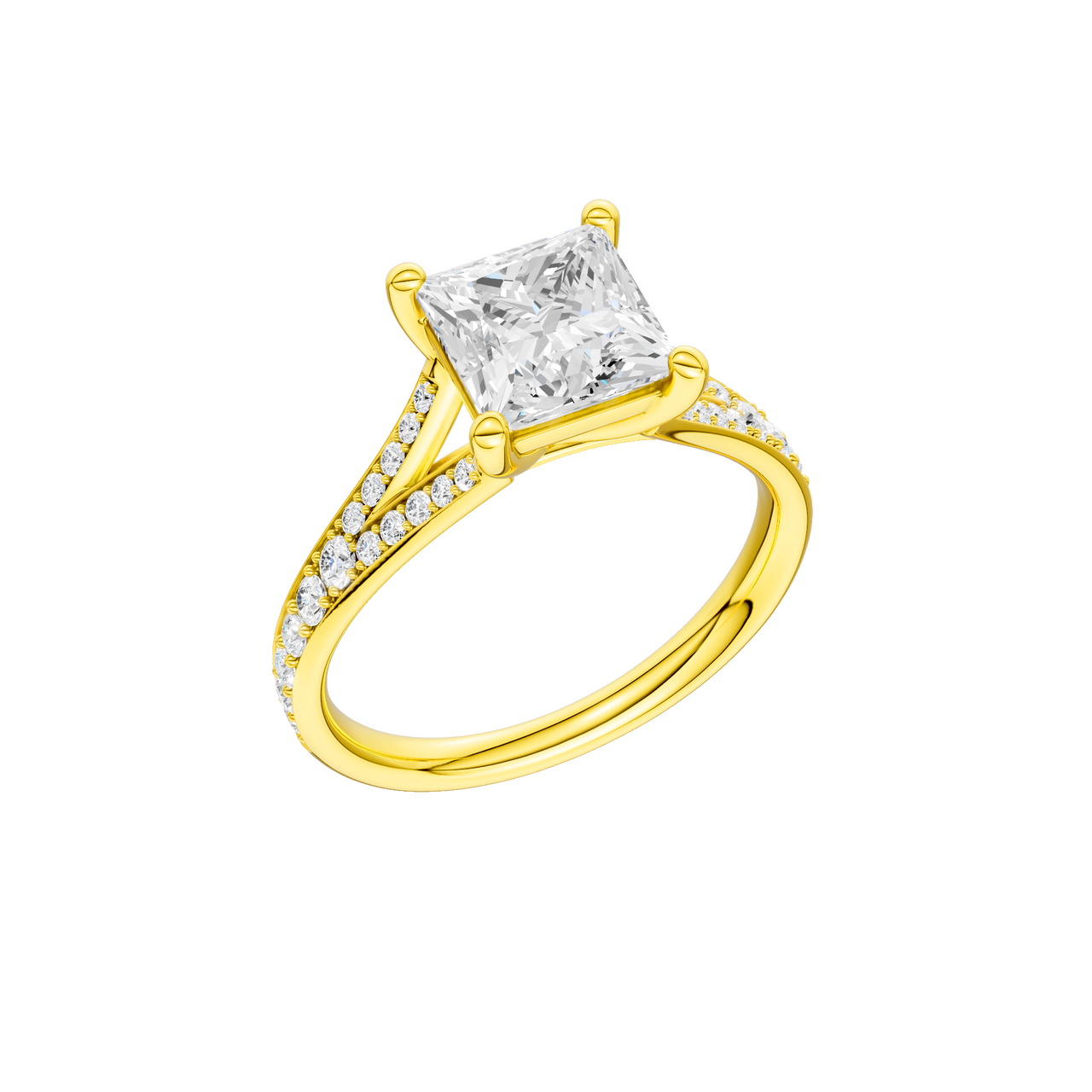 A three-quarter view of the Princess cut diamond engagement ring in 14k yellow gold with a diamond channel band and split setting
