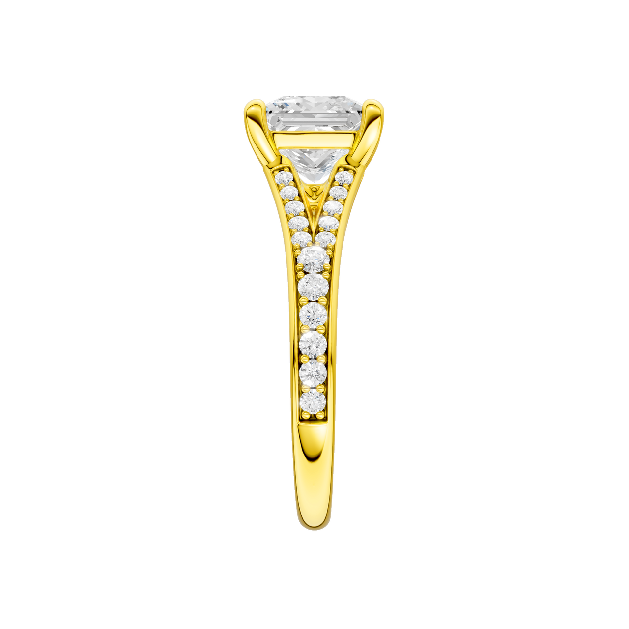 A side view of the Princess cut diamond engagement ring in 14k yellow gold with a diamond channel band and split setting