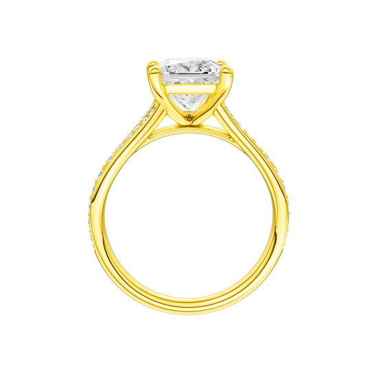 A profile view of the Princess cut diamond engagement ring in 14k yellow gold with a diamond channel band and split setting