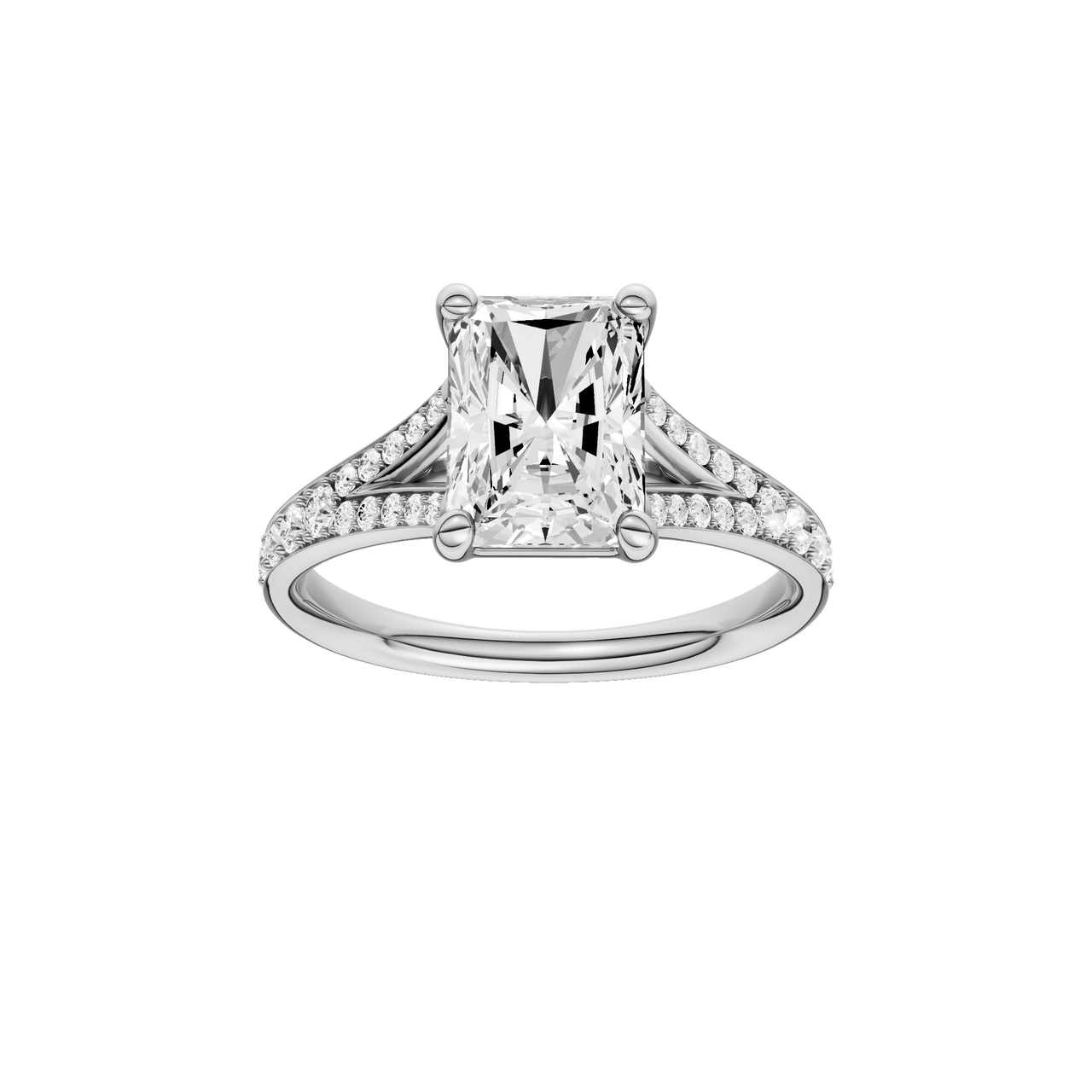 A front view of the Radiant cut diamond engagement ring in 14k white gold with a diamond channel band and split setting