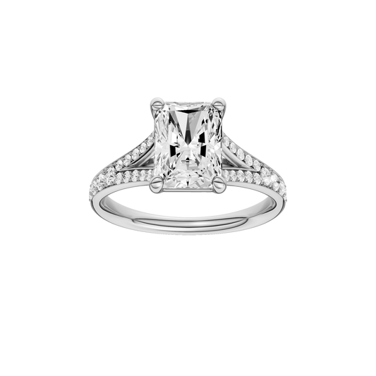 A front view of the Radiant cut diamond engagement ring in 14k white gold with a diamond channel band and split setting