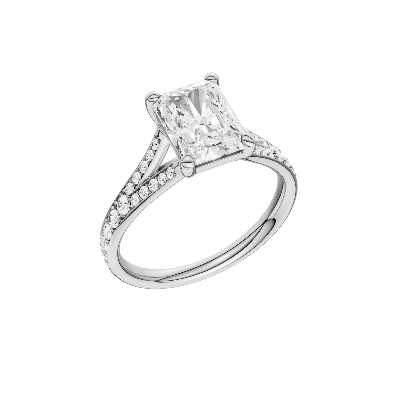 A three-quarter view of the Radiant cut diamond engagement ring in 14k white gold with a diamond channel band and split setting