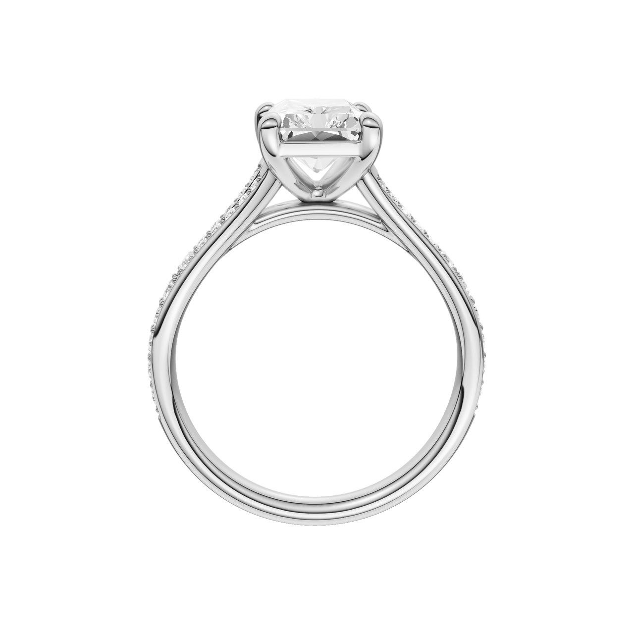 A profile view of the Radiant cut diamond engagement ring in platinum with a diamond channel band and split setting