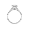 A profile view of the Radiant cut diamond engagement ring in 14k white gold with a diamond channel band and split setting