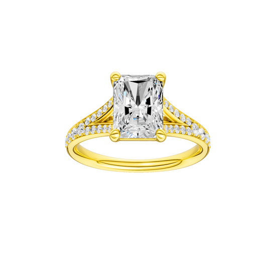 A front view of the Radiant cut diamond engagement ring in 14k gold gold with a diamond channel band and split setting