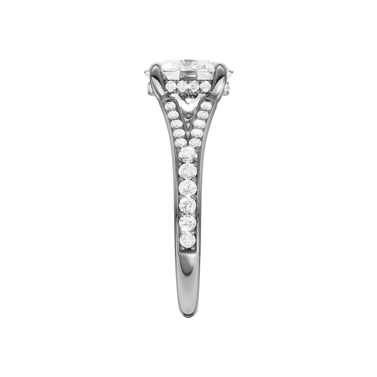 A side view of the Elongated Cushion cut diamond engagement ring in 14k white gold  with a channel band and hidden halo setting