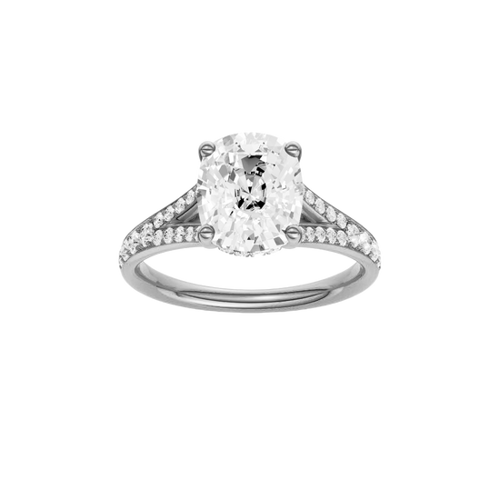 A front view of the Elongated Cushion cut diamond engagement ring in platinum  with a channel band and hidden halo setting