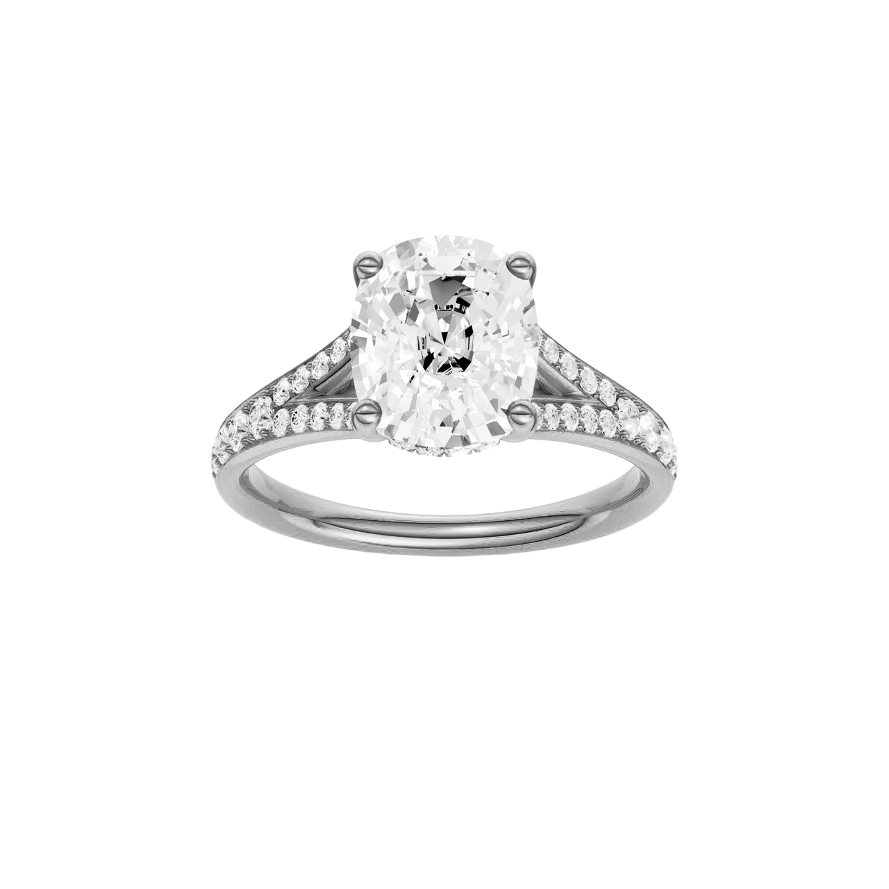 A front view of the Elongated Cushion cut diamond engagement ring in platinum  with a channel band and hidden halo setting