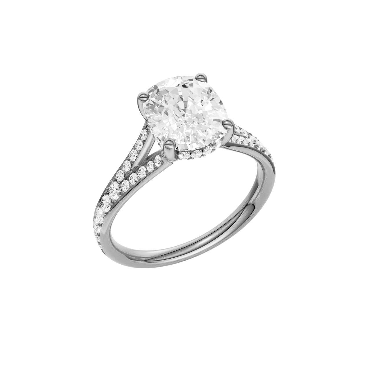 A three-quarter view of the Elongated Cushion cut diamond engagement ring in 14k white gold  with a channel band and hidden halo setting