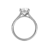 A profile view of the Elongated Cushion cut diamond engagement ring in 14k white gold  with a channel band and hidden halo setting