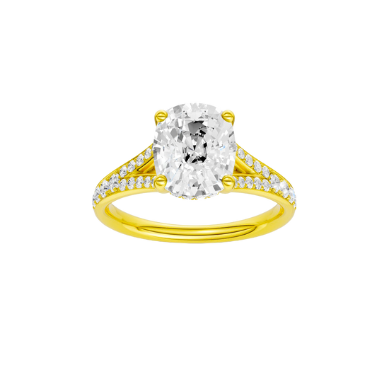 A front view of the Elongated Cushion cut diamond engagement ring in 14k yellow gold  with a channel band and hidden halo setting