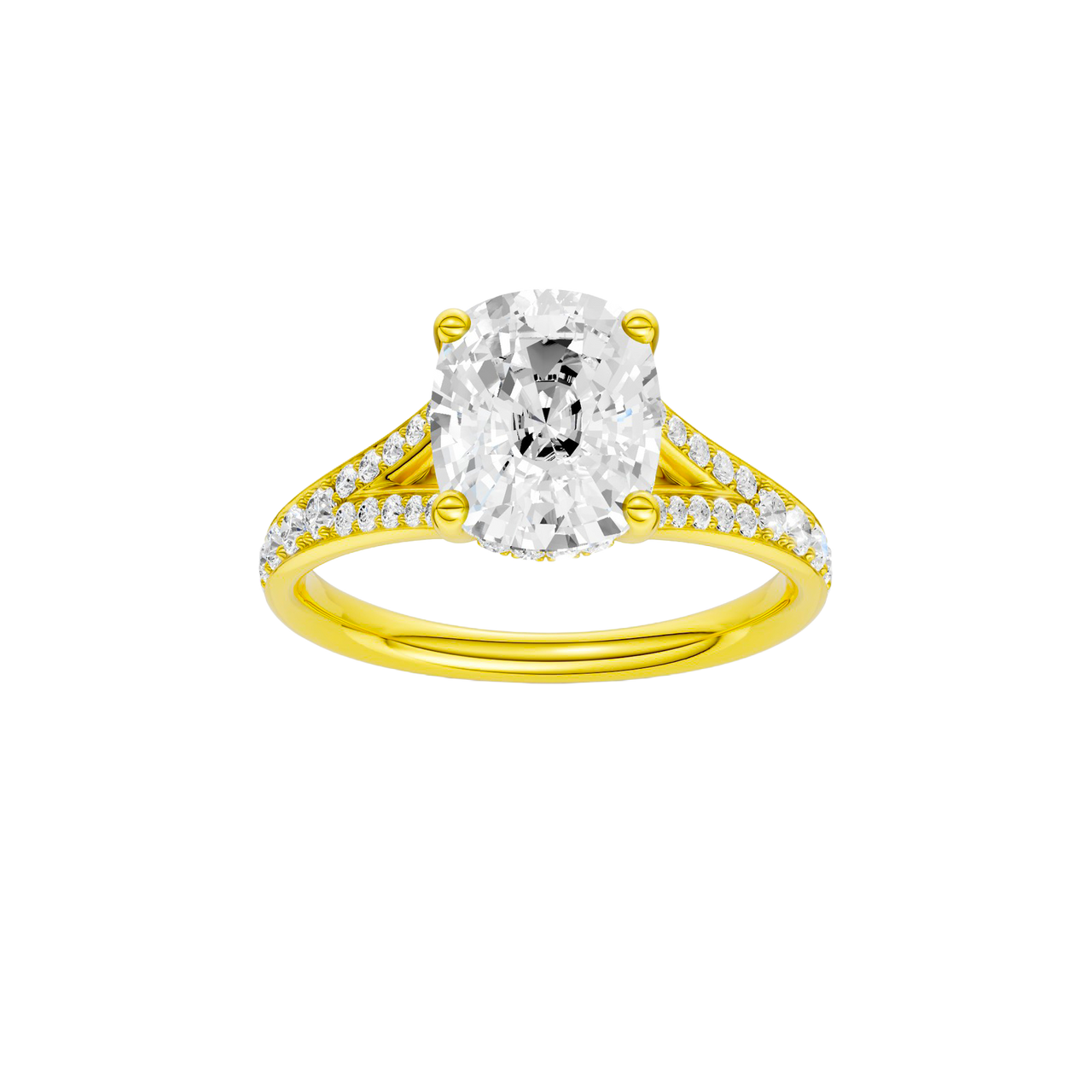 A front view of the Elongated Cushion cut diamond engagement ring in 14k yellow gold  with a channel band and hidden halo setting