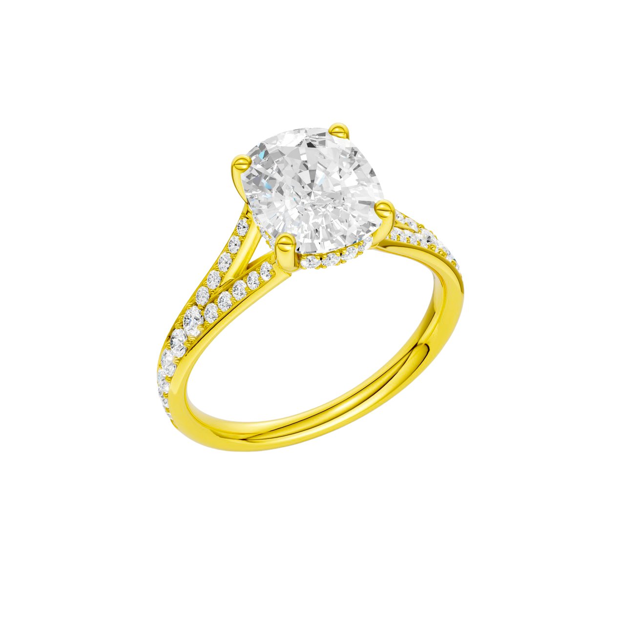 A three-quarter view of the Elongated Cushion cut diamond engagement ring in 14k yellow gold  with a channel band and hidden halo setting