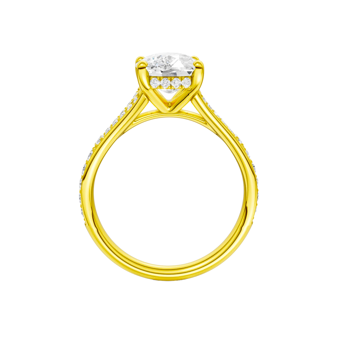 A profile view of the Elongated Cushion cut diamond engagement ring in 14k yellow gold  with a channel band and hidden halo setting