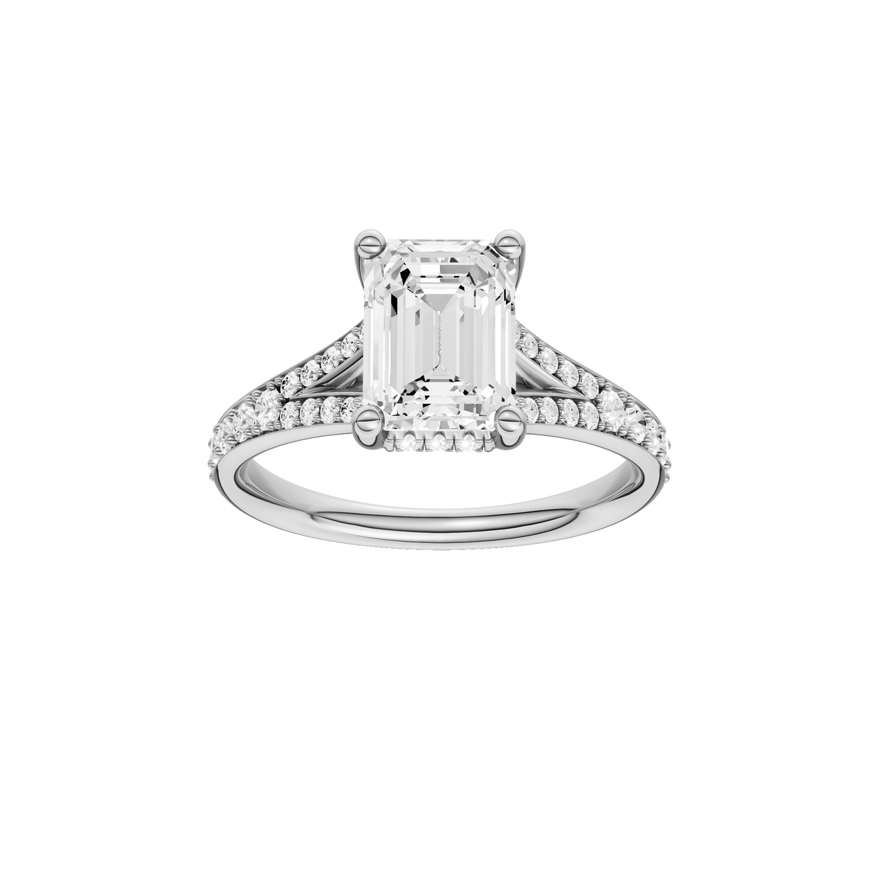 A front view of the Emerald cut diamond engagement ring in 14k white gold with a diamond channel band and split setting