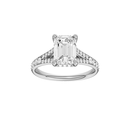A front view of the Emerald cut diamond engagement ring in 14k white gold with a diamond channel band and split setting