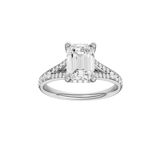 A front view of the Emerald cut diamond engagement ring in 14k platinum with a diamond channel band and split setting