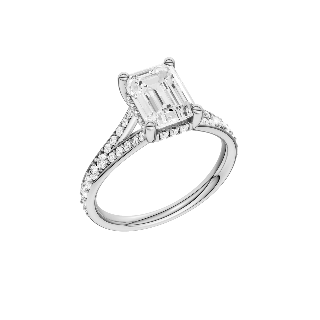 A three-quarter  view of the Emerald cut diamond engagement ring in 14k platinum with a diamond channel band and split setting
