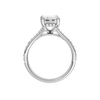 A profile view of the Emerald cut diamond engagement ring in 14k platinum with a diamond channel band and split setting