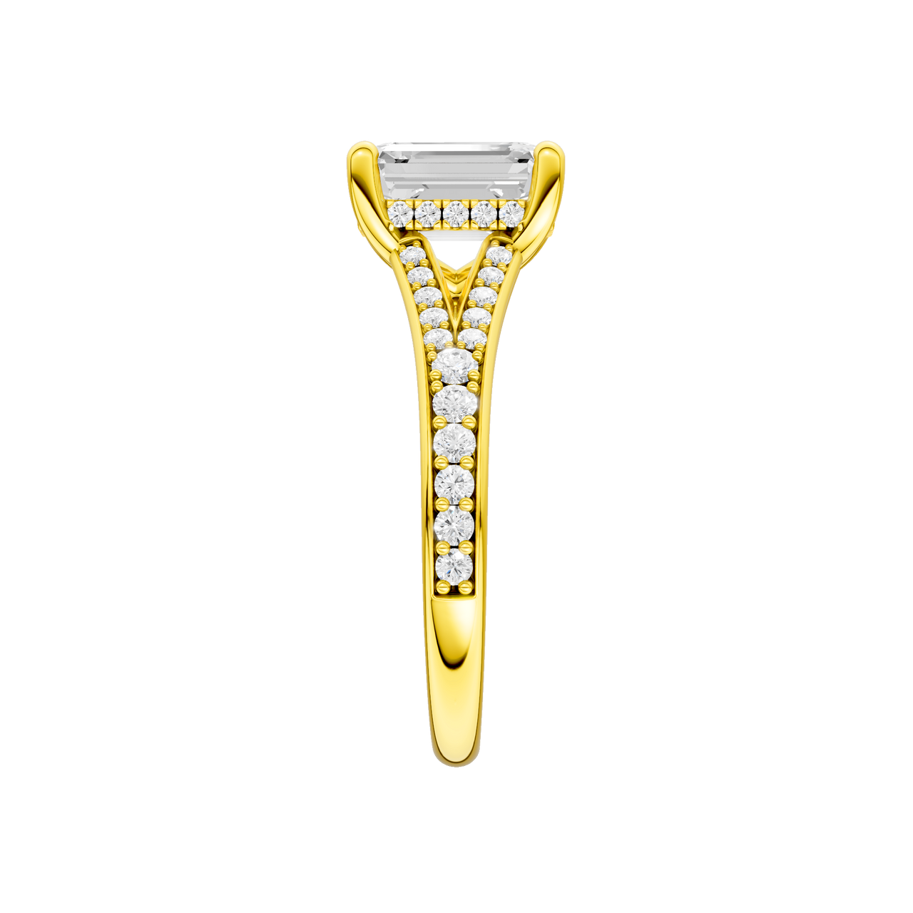 A side view of the Emerald cut diamond engagement ring in 14k yellow gold with a diamond channel band and split setting
