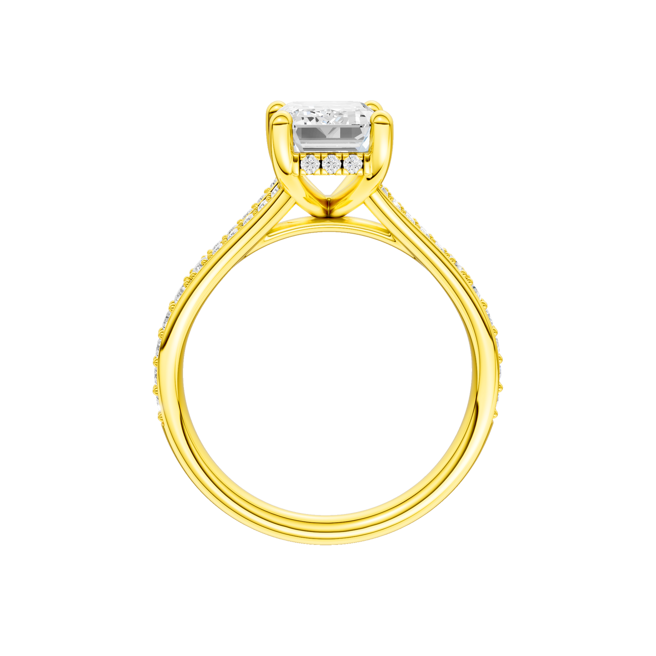A profile view of the Emerald cut diamond engagement ring in 14k yellow gold with a diamond channel band and split setting