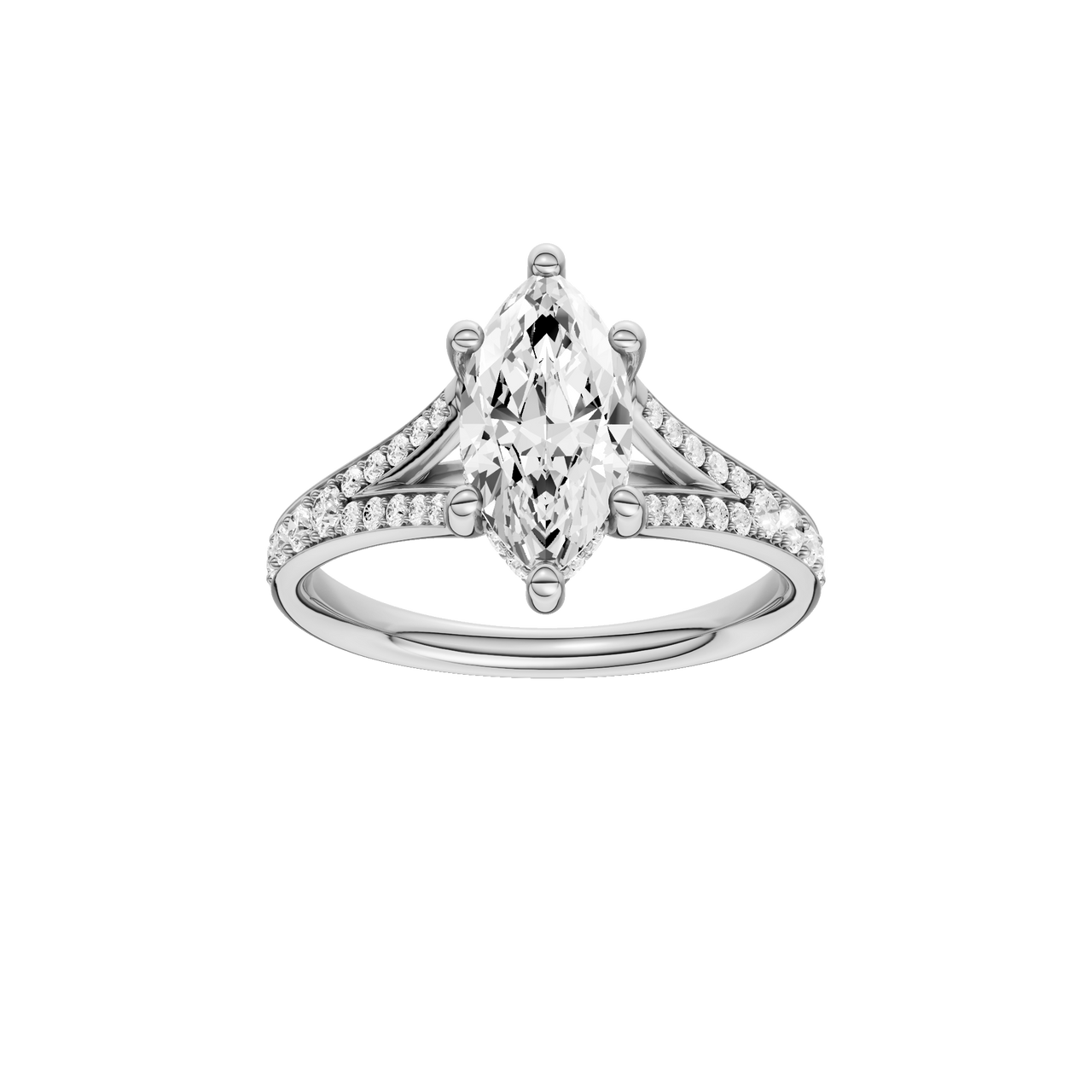 A front view of the Marquise cut diamond engagement ring in platinum with a diamond channel band and split setting