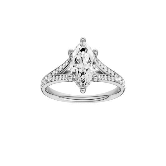 A front view of the Marquise cut diamond engagement ring in 14k white gold with a diamond channel band and split setting