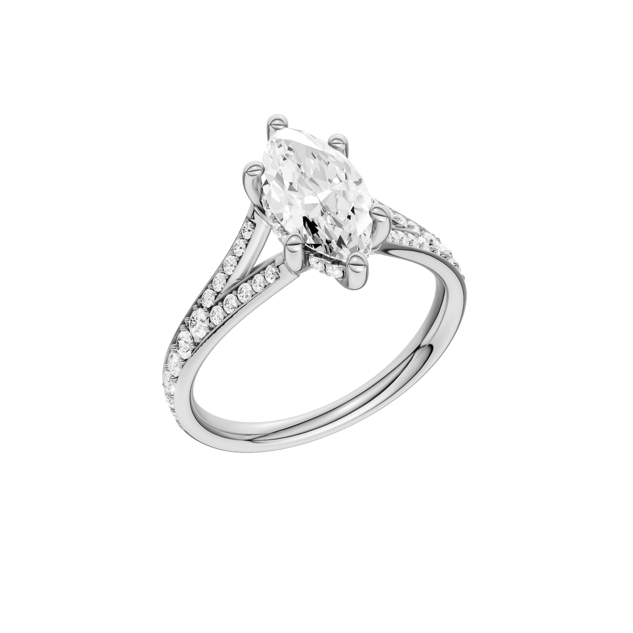 A three-quarter view of the Marquise cut diamond engagement ring in 14k white gold with a diamond channel band and split setting