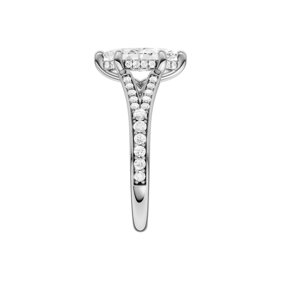 A side view of the Marquise cut diamond engagement ring in 14k white gold with a diamond channel band and split setting