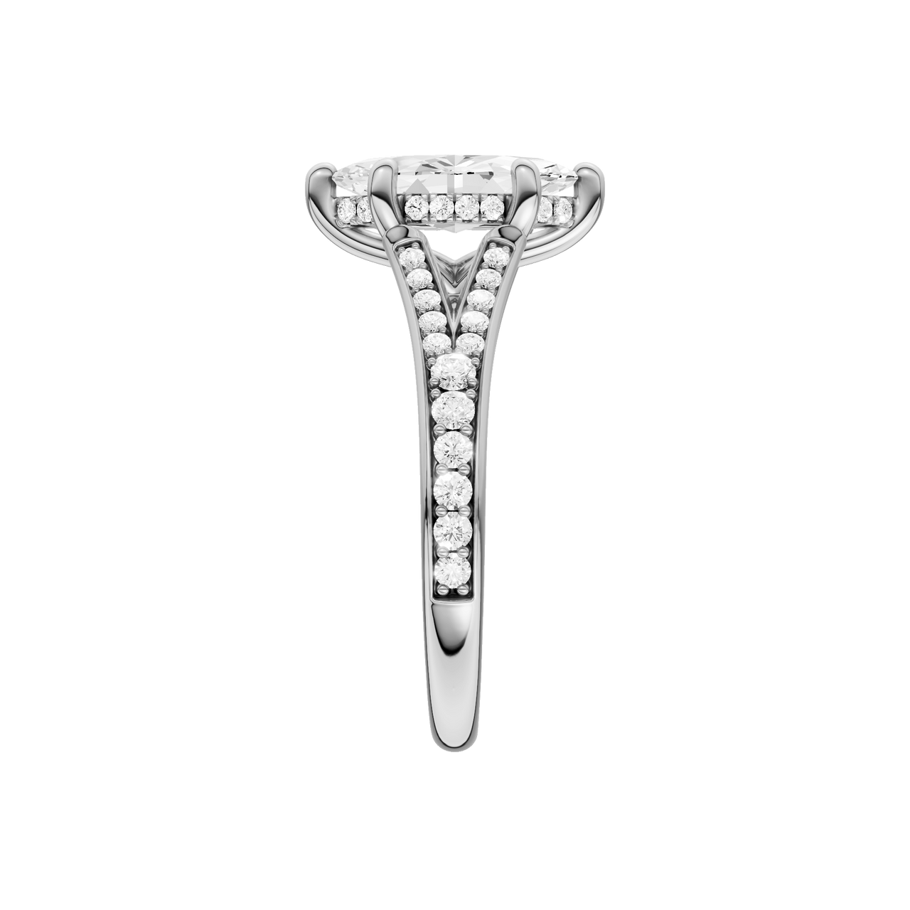 A side view of the Marquise cut diamond engagement ring in platinum with a diamond channel band and split setting